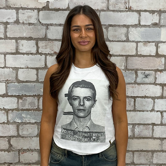 David Bowie famous mugshot graphic tshirt upcycled by Unwantees, recycled tshirt otherwise destined for landfill.  Rock and Roll graphic tshirt upcycled by Unwantees, racerback tank top, upcycled in the UK by unwantees. Sustainable upcycled fashion, rock Music Style, sleeveless tank top, sustainable upcycled fashion, British recycled fashion brand, slow fashion, eco conscious fashion