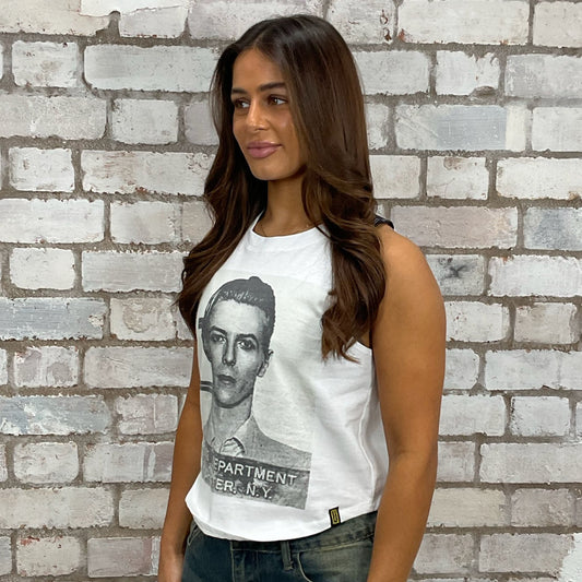 David Bowie famous mugshot graphic tshirt upcycled by Unwantees, recycled tshirt otherwise destined for landfill.  Rock and Roll graphic tshirt upcycled by Unwantees, racerback tank top, upcycled in the UK by unwantees. Sustainable upcycled fashion, rock Music Style, sleeveless vest top, sustainable upcycled fashion, British recycled fashion brand, slow fashion, eco conscious fashion