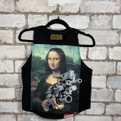 Machine gun toting Mona Lisa Illustration graphic on black cotton Racerback Tank Top upcycled by Unwantees, sustainable fashion made in Great Britain from vintage graphic tshirt 