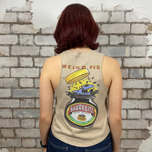 Weirdfish surf brand graphic print Unwantee made from upcycled and deconstructed graphic tshirt, punk rock style street wear, athleisure wear, unwantees is a sustainable fashion brand, we take unwanted graphic tshirts otherwise destined for landfill and recycle clothing into vest tops for sports wear or leisure.  Refashioned band merch, Slash Neck Sleeveless Top