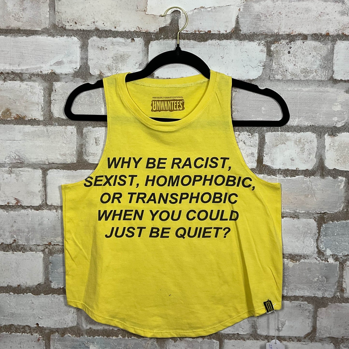 Why be Prejudice? Illustration graphic on yellow cotton Racerback Tank Top upcycled by Unwantees, sustainable fashion made in Great Britain from vintage graphic tshirt 