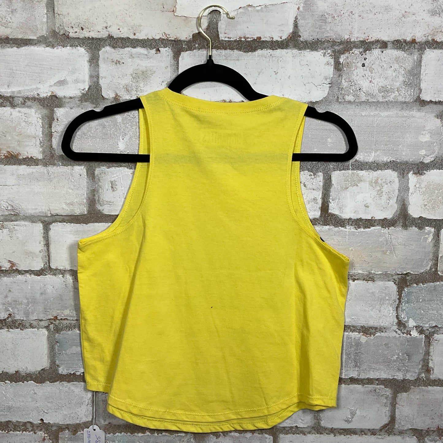 Rear view of Why be Prejudice? Illustration graphic on yellow cotton Racerback Tank Top upcycled by Unwantees, sustainable fashion made in Great Britain from vintage graphic tshirt 
