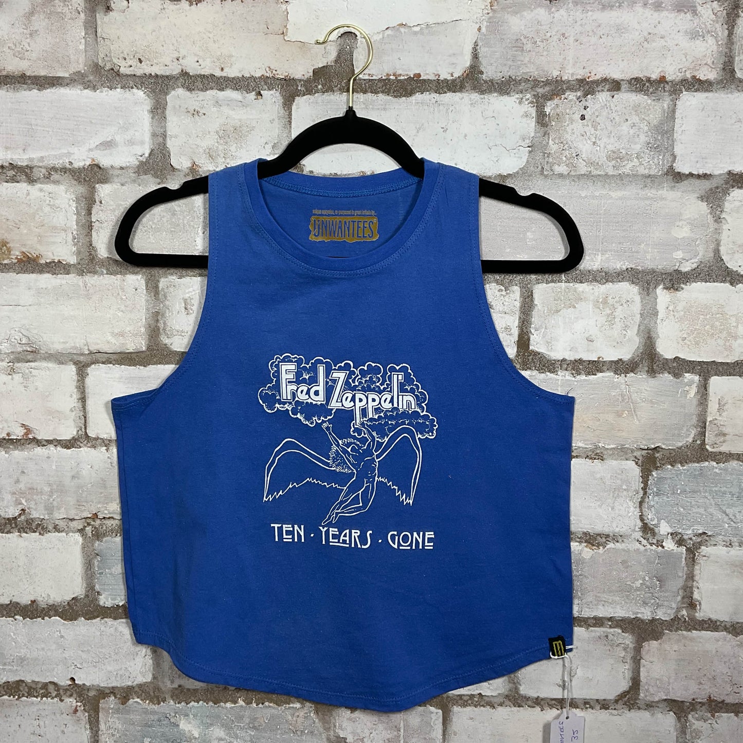 Fred Zeppelin Tribute band Ten Years Gone Illustration graphic on blue cotton Racerback Tank Top upcycled by Unwantees, sustainable fashion made in Great Britain from vintage graphic tshirt 