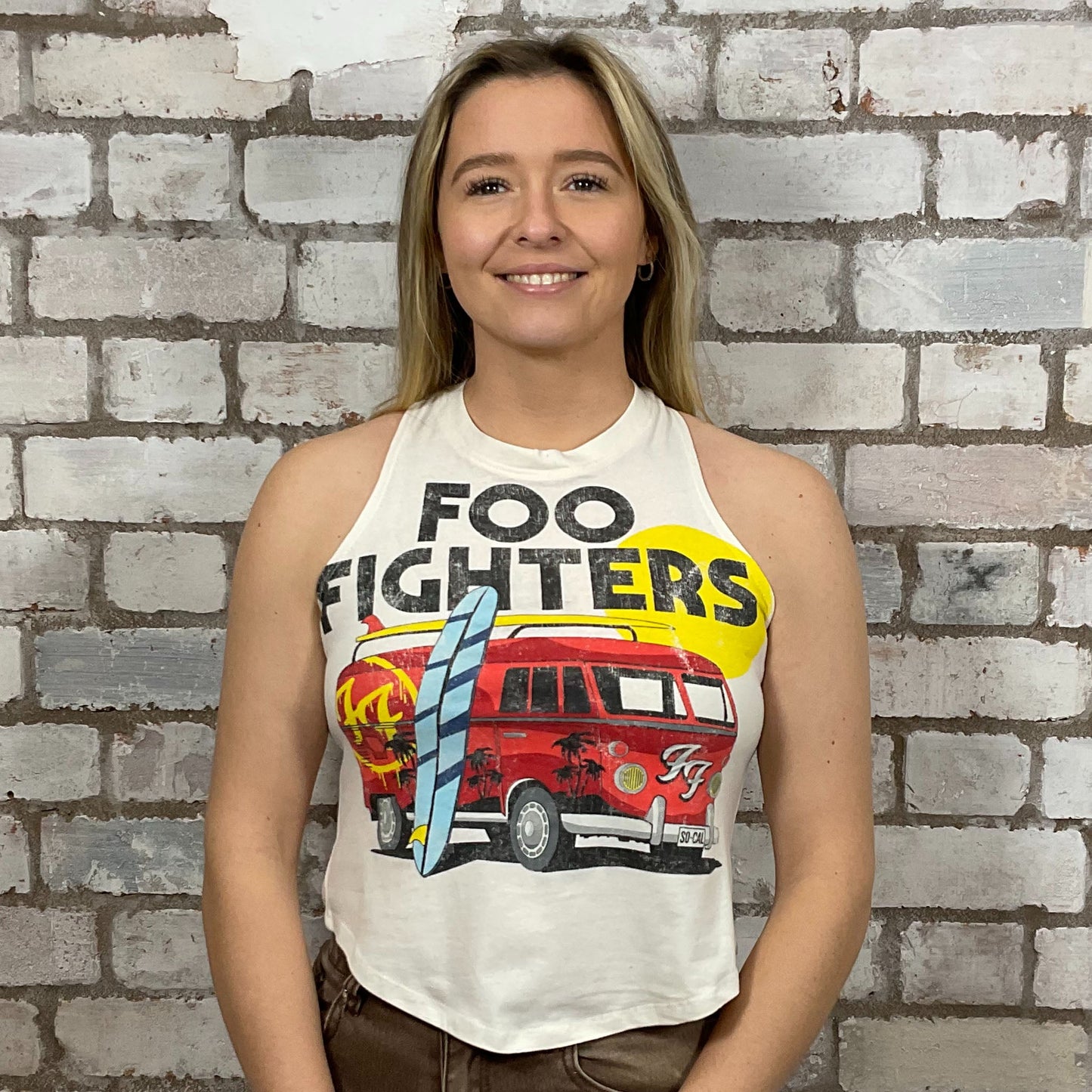 Foo Fighters camper van graphic print Unwantee made from upcycled and deconstructed graphic tshirt, punk rock style street wear, athleisure wear, unwantees is a sustainable fashion brand, we take unwanted graphic tshirts otherwise destined for landfill and recycle clothing into vest tops for sports wear or leisure.  Refashioned band merch, Slash Neck Sleeveless Top