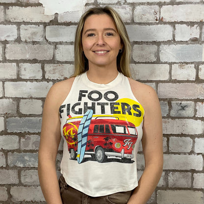 Foo Fighters camper van graphic print Unwantee made from upcycled and deconstructed graphic tshirt, punk rock style street wear, athleisure wear, unwantees is a sustainable fashion brand, we take unwanted graphic tshirts otherwise destined for landfill and recycle clothing into vest tops for sports wear or leisure.  Refashioned band merch, Slash Neck Sleeveless Top