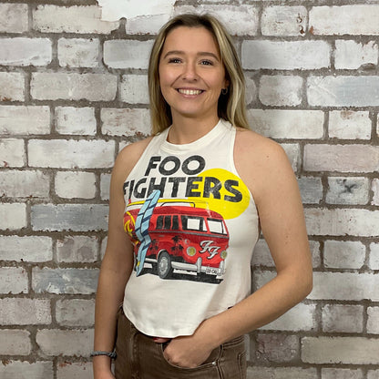 Foo Fighters surfers camper van graphic print Unwantee made from upcycled and deconstructed graphic tshirt, punk rock style street wear, athleisure wear, unwantees is a sustainable fashion brand, we take unwanted graphic tshirts otherwise destined for landfill and recycle clothing into vest tops for sports wear or leisure.  Refashioned band merch, Slash Neck Sleeveless Top