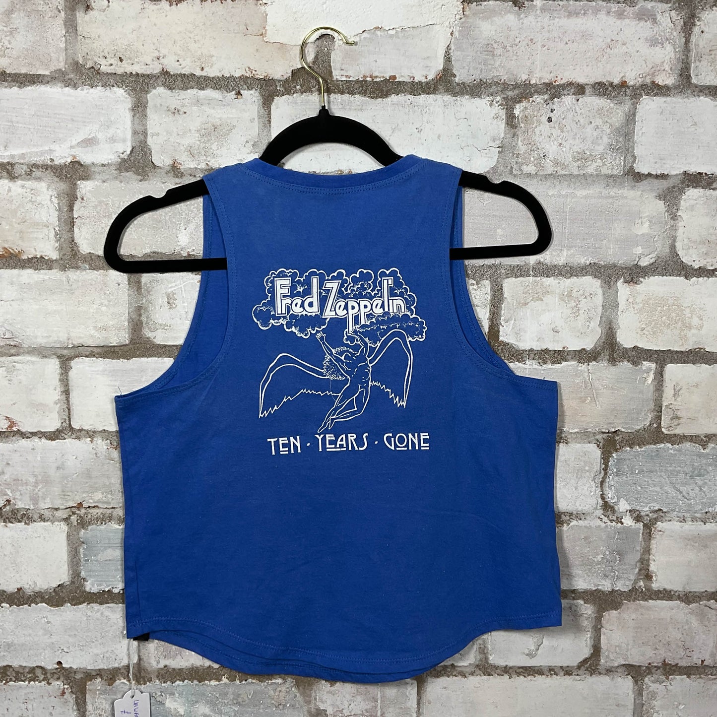 Rear View Fred Zeppelin Tribute band Ten Years Gone Illustration graphic on blue cotton Racerback Tank Top upcycled by Unwantees, sustainable fashion made in Great Britain from vintage graphic tshirt 