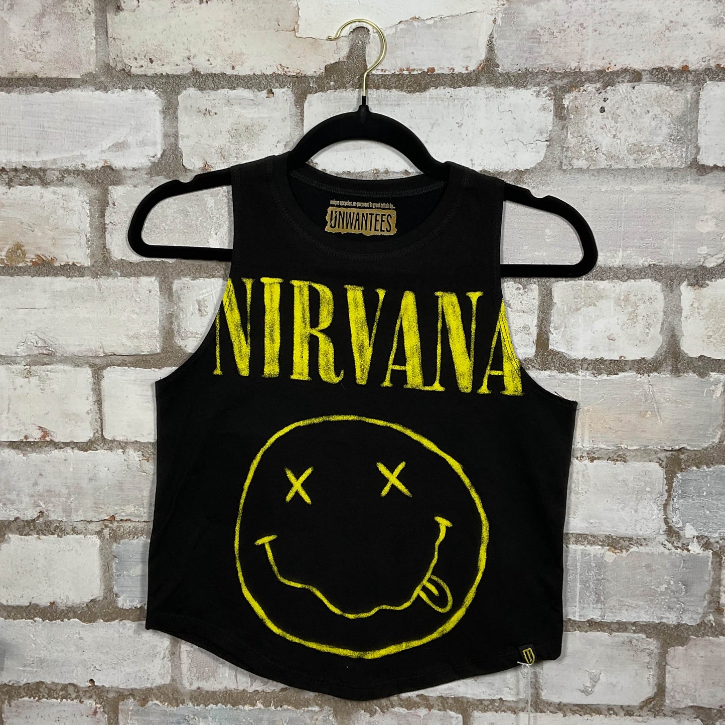 Classic Nirvana Yellow on Black Illustration yellow graphic on black cotton Racerback Tank Top upcycled by Unwantees, sustainable fashion made in Great Britain from vintage graphic tshirt 