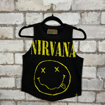 Classic Nirvana Yellow on Black Illustration yellow graphic on black cotton Racerback Tank Top upcycled by Unwantees, sustainable fashion made in Great Britain from vintage graphic tshirt 