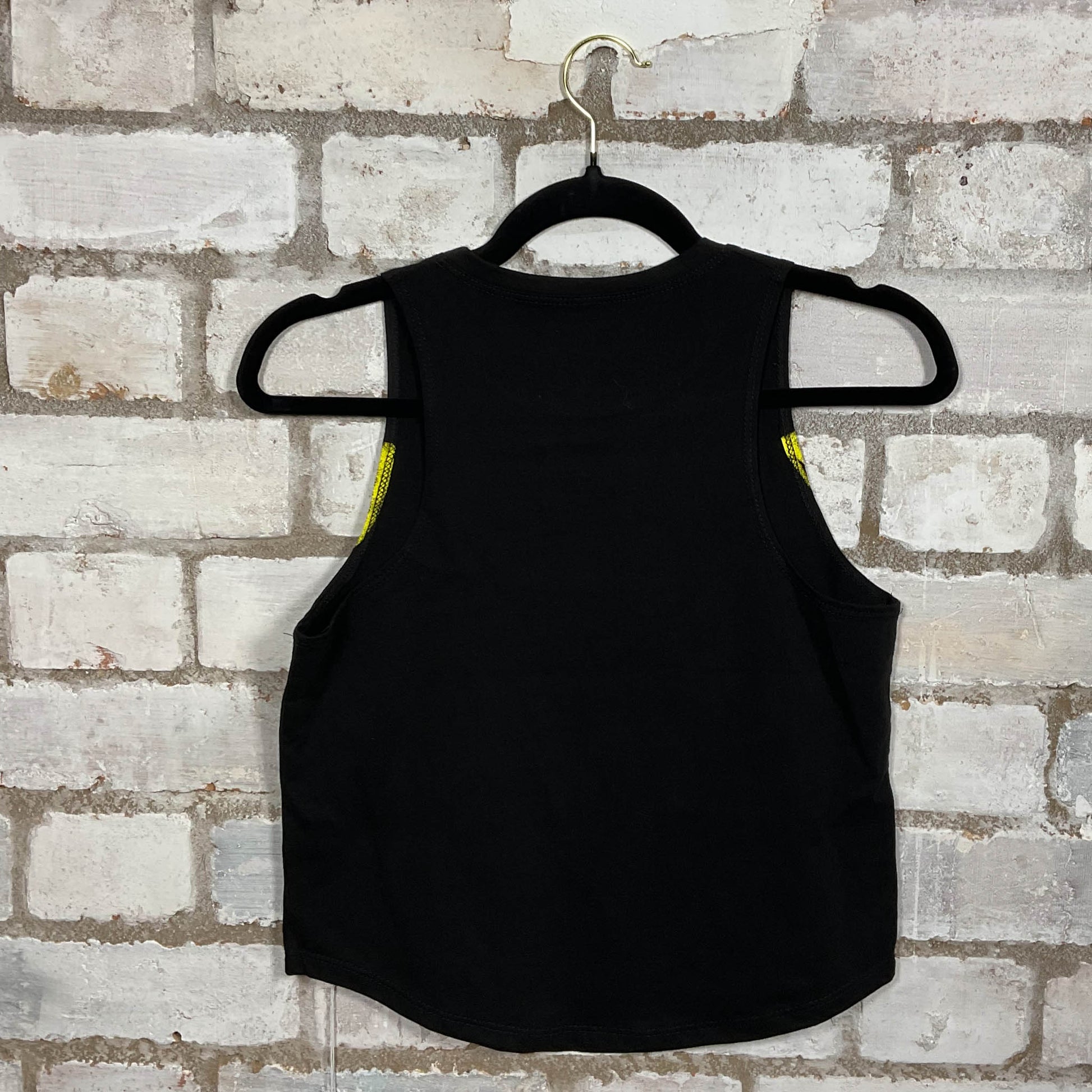 Rear View of Classic Nirvana Yellow on Black Illustration yellow graphic on black cotton Racerback Tank Top upcycled by Unwantees, sustainable fashion made in Great Britain from vintage graphic tshirt 