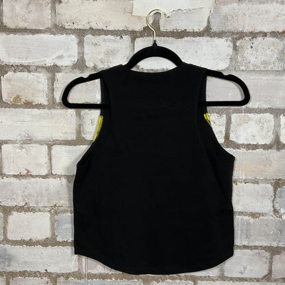 Rear View of Classic Nirvana Yellow on Black Illustration yellow graphic on black cotton Racerback Tank Top upcycled by Unwantees, sustainable fashion made in Great Britain from vintage graphic tshirt 