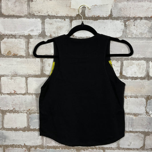 Rear View of Classic Nirvana Yellow on Black Illustration yellow graphic on black cotton Racerback Tank Top upcycled by Unwantees, sustainable fashion made in Great Britain from vintage graphic tshirt 