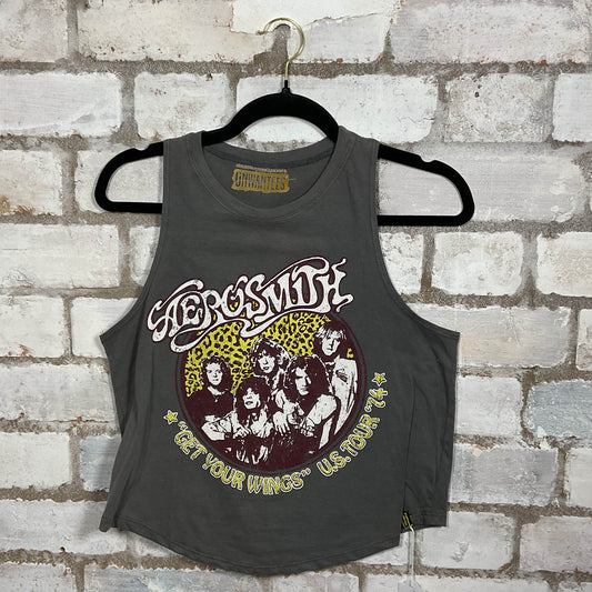 Aerosmith Get Your Wings US Tour ‘74 Tour Vintage Double Sided Tshirt merch graphics on grey cotton Racerback Tank Top upcycled by Unwantees, sustainable fashion made in Great Britain from vintage graphic tshirt