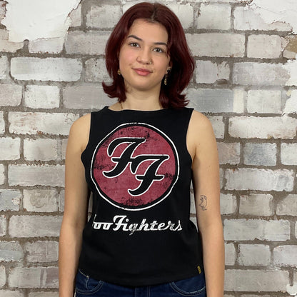 Foo Fighters classic band logo graphic print Unwantee made from upcycled and deconstructed graphic tshirt, punk rock style street wear, athleisure wear, unwantees is a sustainable fashion brand, we take unwanted graphic tshirts otherwise destined for landfill and recycle clothing into vest tops for sports wear or leisure.  Refashioned band merch, Slash Neck Sleeveless Top