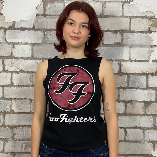 Foo Fighters classic band logo graphic print Unwantee made from upcycled and deconstructed graphic tshirt, punk rock style street wear, athleisure wear, unwantees is a sustainable fashion brand, we take unwanted graphic tshirts otherwise destined for landfill and recycle clothing into vest tops for sports wear or leisure.  Refashioned band merch, Slash Neck Sleeveless Top