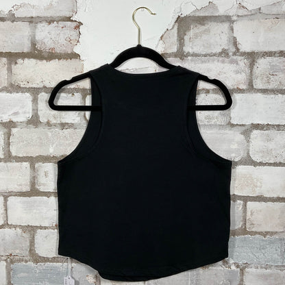 Rearview of The Misfits classic logo in white print on a black cotton Racerback Tank Top upcycled by Unwantees, sustainable fashion made in Great Britain from vintage graphic tshirt 