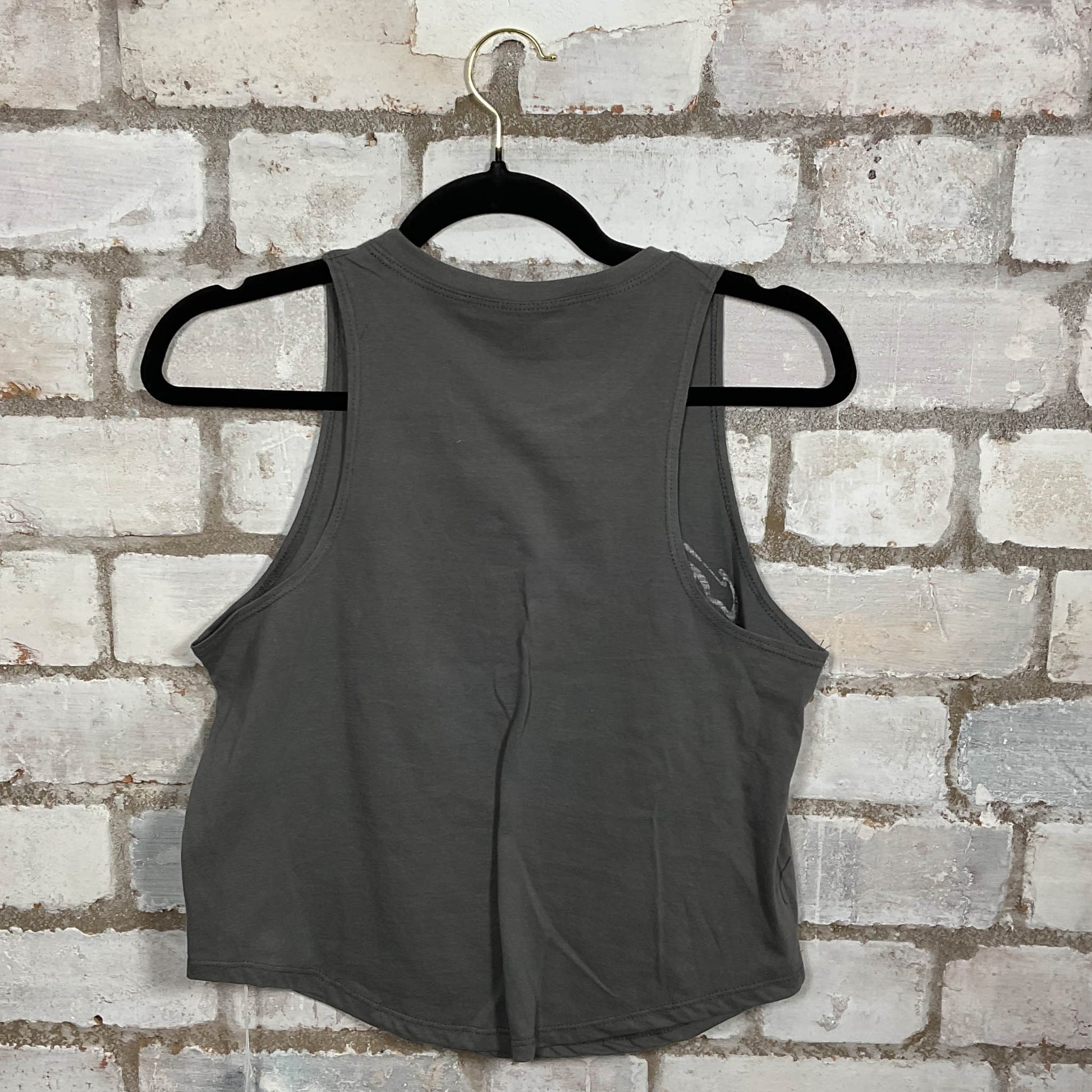 Rear view of Aerosmith Get Your Wings US Tour ‘74 Tour Vintage Double Sided Tshirt merch graphics on grey cotton Racerback Tank Top upcycled by Unwantees, sustainable fashion made in Great Britain from vintage graphic tshirt