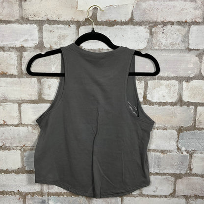 Rear view of Aerosmith Get Your Wings US Tour ‘74 Tour Vintage Double Sided Tshirt merch graphics on grey cotton Racerback Tank Top upcycled by Unwantees, sustainable fashion made in Great Britain from vintage graphic tshirt