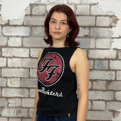 Foo Fighters classic band motif in red against a black tshirt background graphic print Unwantee made from upcycled and deconstructed graphic tshirt, punk rock style street wear, athleisure wear, unwantees is a sustainable fashion brand, we take unwanted graphic tshirts otherwise destined for landfill and recycle clothing into vest tops for sports wear or leisure.  Refashioned band merch, Slash Neck Sleeveless Top