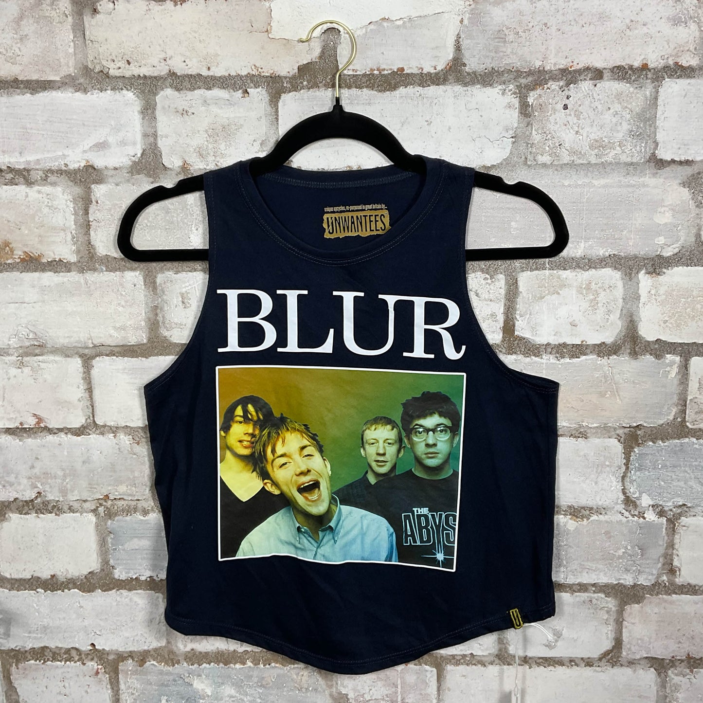 Blur Band Photo Tshirt merch graphics on blue cotton Racerback Tank Top upcycled by Unwantees, sustainable fashion made in Great Britain from vintage graphic tshirt 