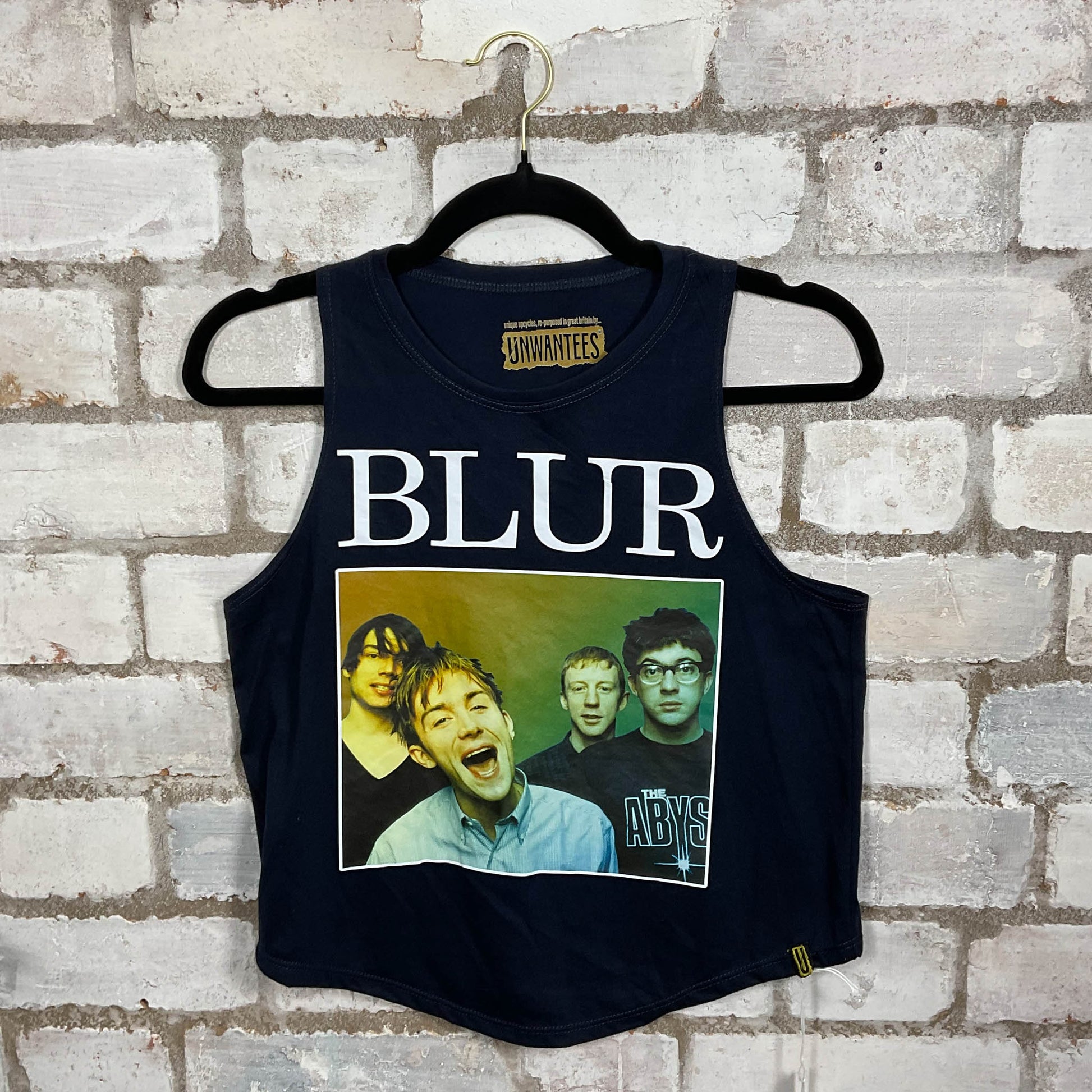 Blur Band Photo Tshirt merch graphics on blue cotton Racerback Tank Top upcycled by Unwantees, sustainable fashion made in Great Britain from vintage graphic tshirt 