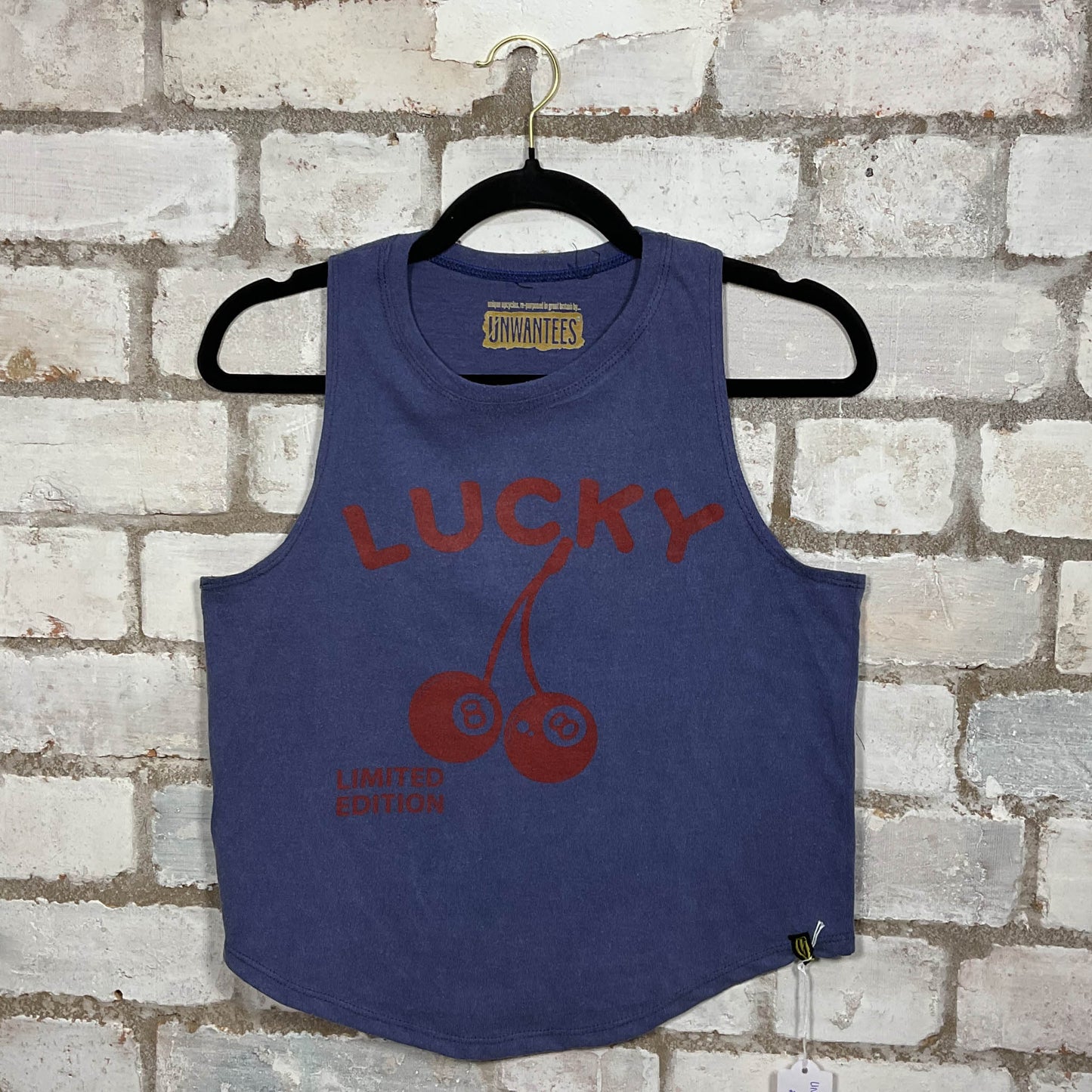 Lucky Number 8 Limited Edition graphic on blue cotton Racerback Tank Top upcycled by Unwantees, sustainable fashion made in Great Britain from vintage graphic tshirt