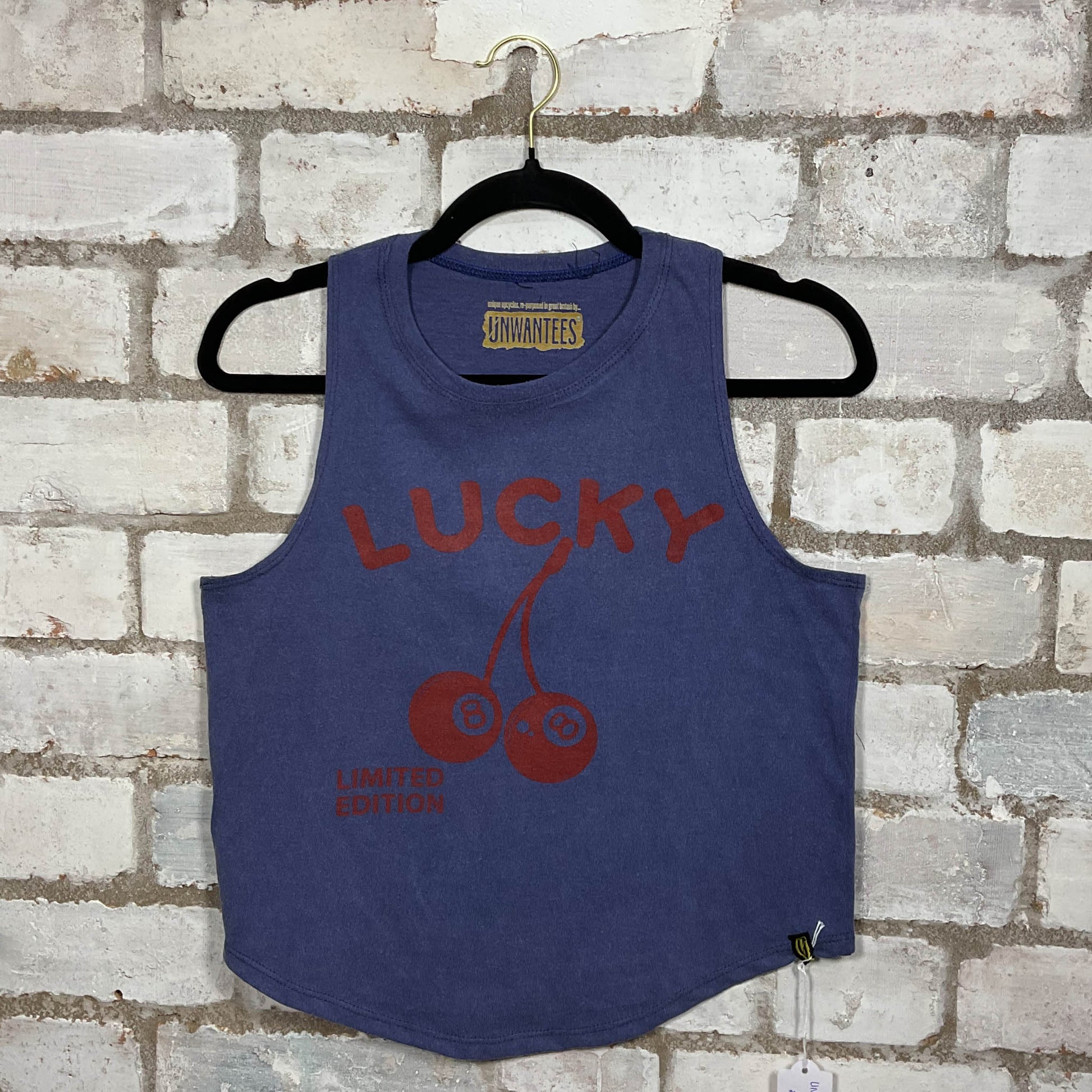 Lucky Number 8 Limited Edition graphic on blue cotton Racerback Tank Top upcycled by Unwantees, sustainable fashion made in Great Britain from vintage graphic tshirt