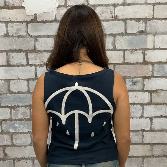 Rock Band tshirt recycled into sleeveless vest top, sustainable upcycled fashion, British recycled fashion brand, slow fashion, eco conscious fashion graphic tshirt upcycled by Unwantees, recycled tshirt otherwise destined for landfill.  Bring me the Horizon Rock music style graphic tshirt upcycled by Unwantees, Slash nECK tank top, upcycled in the UK by unwantees. Sustainable upcycled fashion