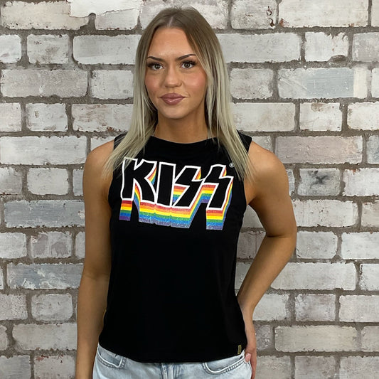 KISS Rock Band tshirt recycled into sleeveless vest top, sustainable upcycled fashion, British recycled fashion brand, slow fashion, eco conscious fashion graphic tshirt upcycled by Unwantees, recycled tshirt otherwise destined for landfill.  Punk Rock music style graphic tshirt upcycled by Unwantees, Slash Neck tank top, upcycled in the UK by unwantees. Sustainable upcycled fashion