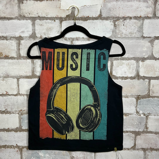 Music colourful rainbow graphic on black cotton Slash Neck Tank Top upcycled by Unwantees, sustainable fashion made in Great Britain from vintage graphic tshirt 