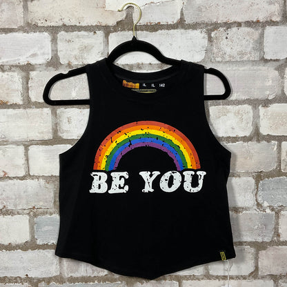 Be You Rainbow Print on a black Racerback Tank Top upcycled by Unwantees, sustainable fashion made in great Britain from vintage graphic tshirt 