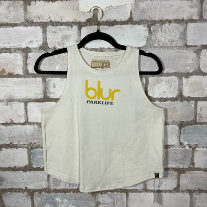 Rear View of Blur Parklife Double Sided print Racerback Tank Top upcycled by Unwantees, sustainable fashion made in great Britain from vintage graphic tshirt 