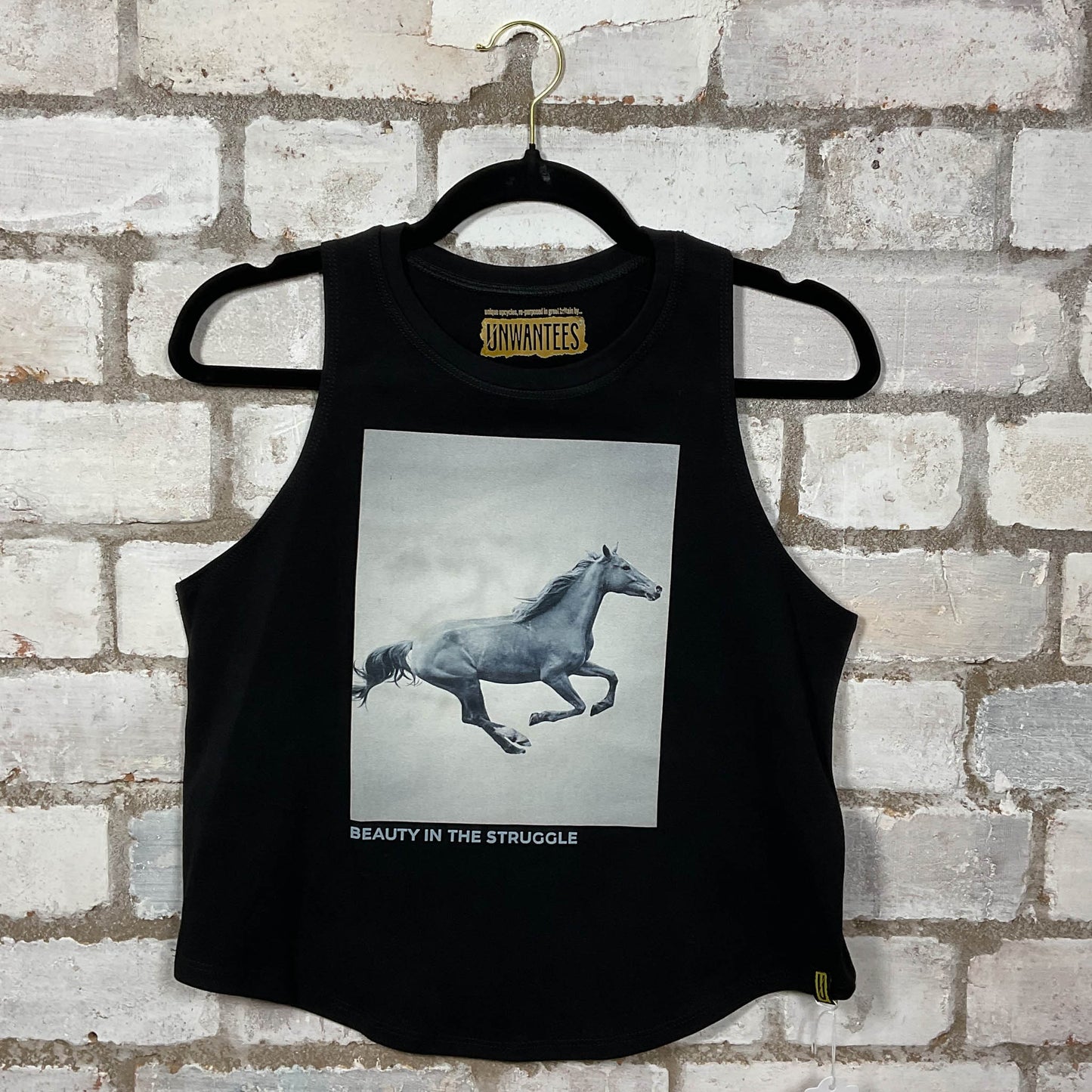 Beauty in the Struggle Stallion print Racerback Tank Top upcycled by Unwantees, sustainable fashion made in great Britain from vintage graphic tshirt 