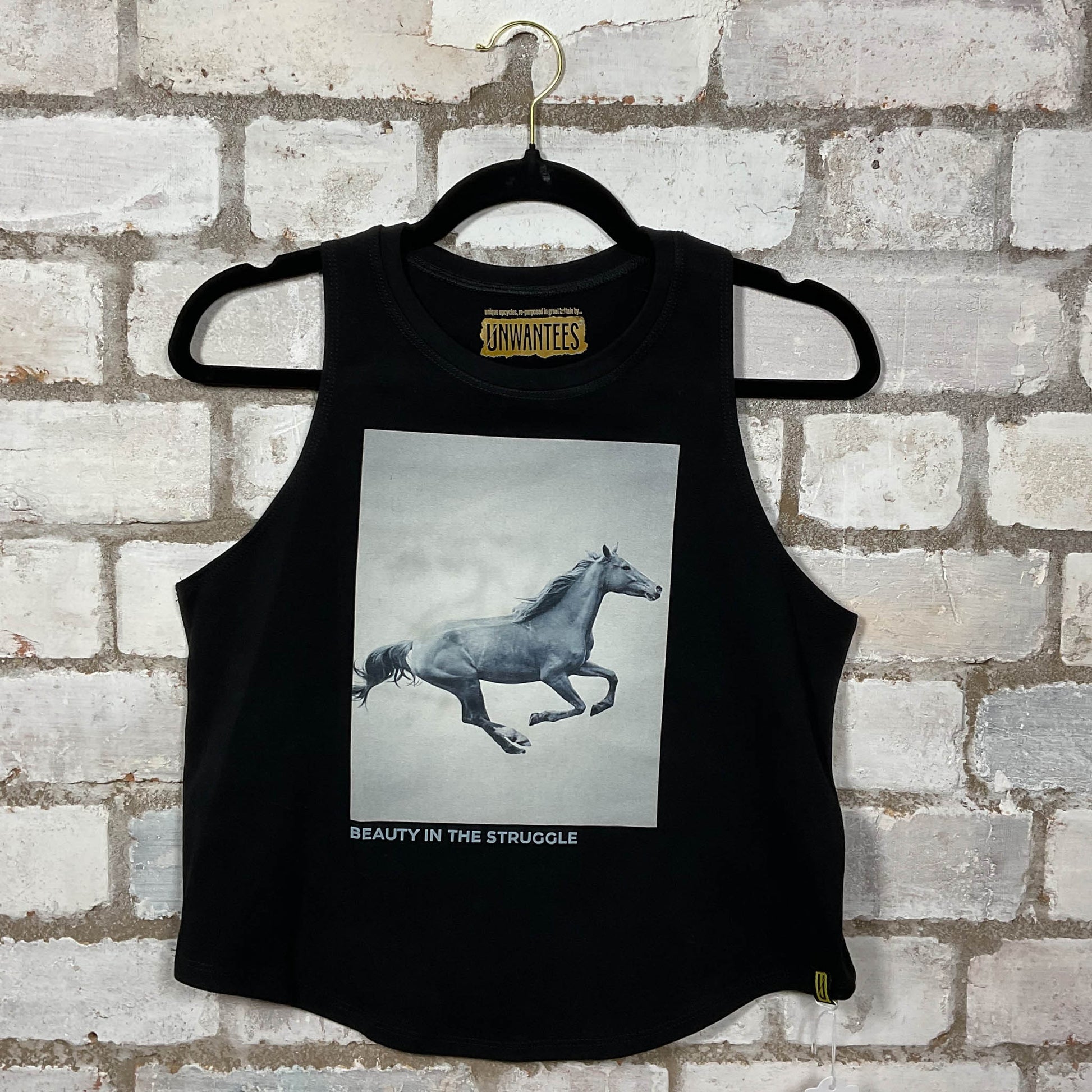 Beauty in the Struggle Stallion print Racerback Tank Top upcycled by Unwantees, sustainable fashion made in great Britain from vintage graphic tshirt 