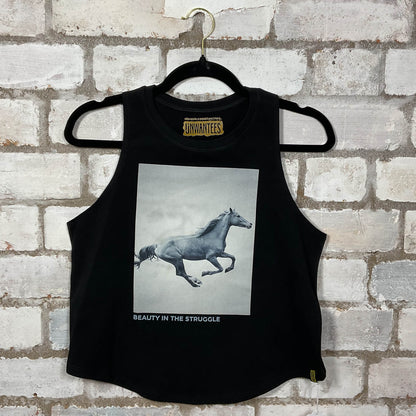 Beauty in the Struggle Stallion print Racerback Tank Top upcycled by Unwantees, sustainable fashion made in great Britain from vintage graphic tshirt 