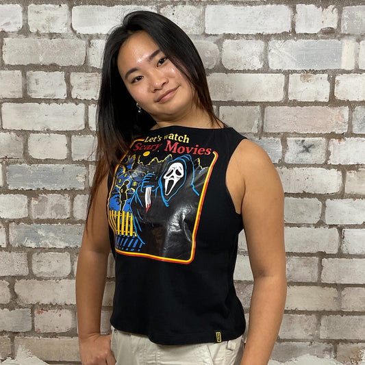 One-of-a-kind Let's Watch Scary Movies graphic Slash Neck Unwantee tank top front view, upcycled, sustainable, made in Britain