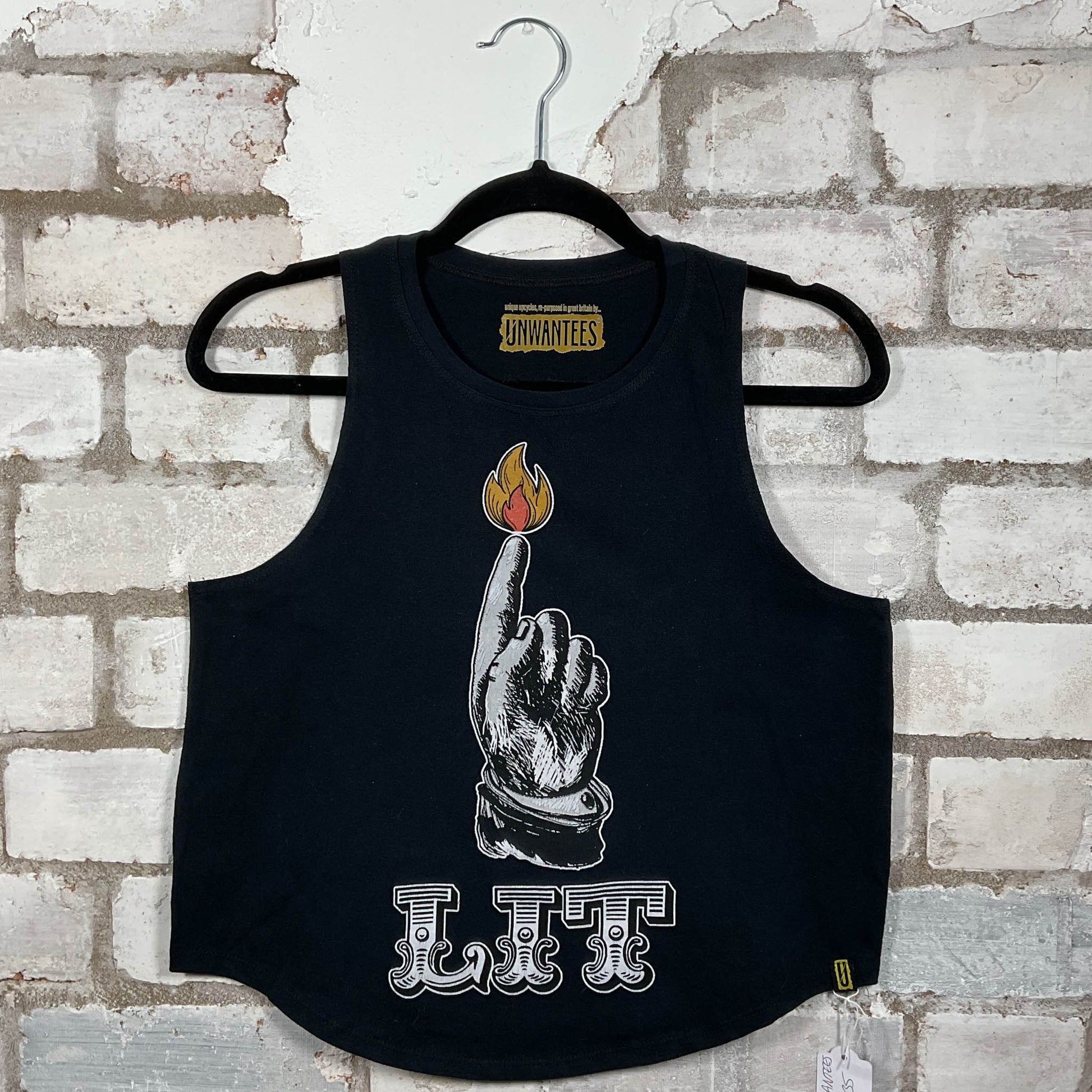 LIT classic band logo on a black cotton Racerback  Tank Top upcycled by Unwantees, sustainable fashion made in Great Britain from vintage graphic tshirt 