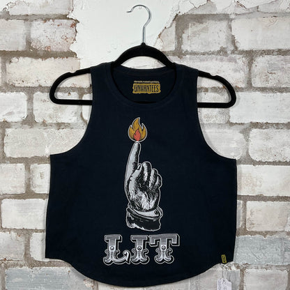 LIT classic band logo on a black cotton Racerback  Tank Top upcycled by Unwantees, sustainable fashion made in Great Britain from vintage graphic tshirt 