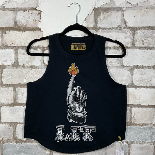 LIT classic band logo on a black cotton Racerback  Tank Top upcycled by Unwantees, sustainable fashion made in Great Britain from vintage graphic tshirt 