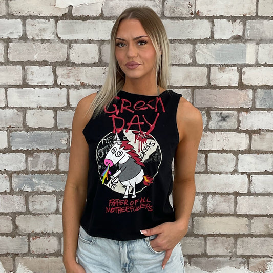 Green Day tshirt recycled into sleeveless vest top, sustainable upcycled fashion, British recycled grunge brand, slow fashion, eco conscious fashion graphic tshirt upcycled by Unwantees, recycled tshirt otherwise destined for landfill.  Punk Rock music style graphic tshirt upcycled by Unwantees, Slash Neck tank top, upcycled in the UK by unwantees. Sustainable upcycled fashion