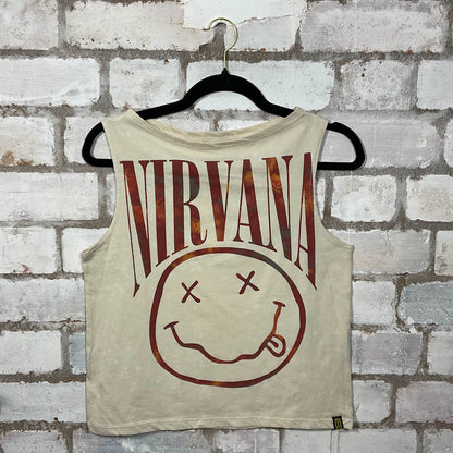 Nirvana classic Acid face on Stonewash Slash Neck Tank Top upcycled by Unwantees, sustainable fashion made in great Britain from vintage graphic tshirt 