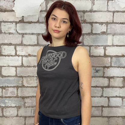 One-of-a-kind Fleetwood Mac graphic Slash Neck Unwantee tank top front view, upcycled, sustainable, made in Britain