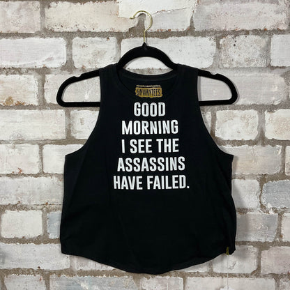 Good Morning I see The Assassins have Failed Racerback Tank Top upcycled by Unwantees, sustainable fashion made in great Britain from vintage graphic tshirt 