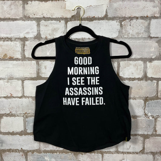Good Morning I see The Assassins have Failed Racerback Tank Top upcycled by Unwantees, sustainable fashion made in great Britain from vintage graphic tshirt 