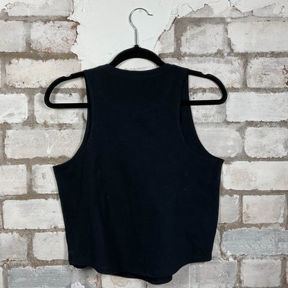 Rear View of LIT classic band logo on a black cotton Racerback Vest Top upcycled by Unwantees, sustainable fashion made in Great Britain from vintage graphic tshirt 