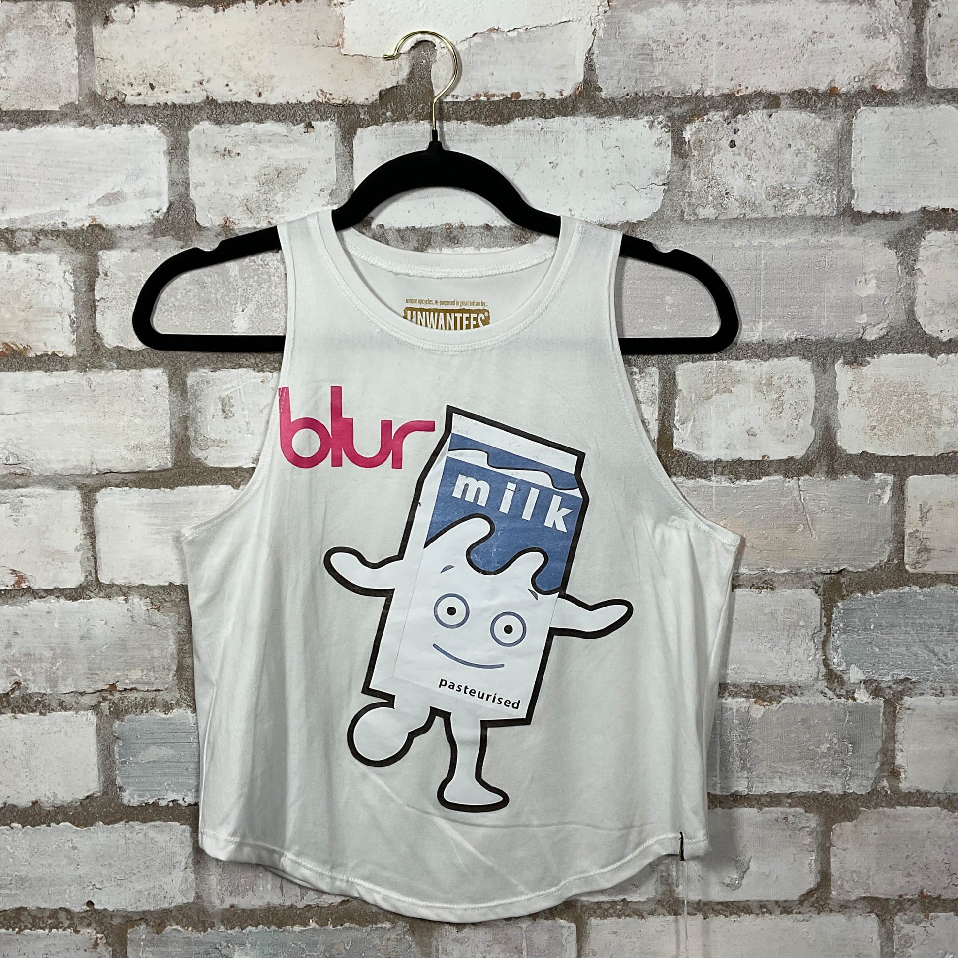 Blur Mascot Milky Racerback Tank Top upcycled by Unwantees, sustainable fashion made in great Britain from vintage graphic tshirt 