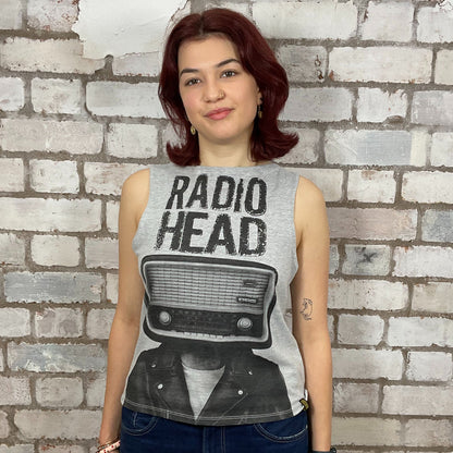 Radiohead graphic print of man with a radio as his head!  100% cotton fabric, black on grey, Unwantee made from upcycled and deconstructed graphic tshirt, punk rock style street wear, athleisure wear, unwantees is a sustainable fashion brand, we take unwanted graphic tshirts otherwise destined for landfill and recycle clothing into vest tops for sports wear or leisure.  Refashioned band merch, Slash Neck Sleeveless Top