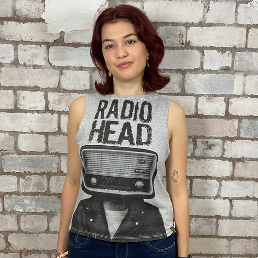Radiohead graphic print of man with a radio as his head!  100% cotton fabric, black on grey, Unwantee made from upcycled and deconstructed graphic tshirt, punk rock style street wear, athleisure wear, unwantees is a sustainable fashion brand, we take unwanted graphic tshirts otherwise destined for landfill and recycle clothing into vest tops for sports wear or leisure.  Refashioned band merch, Slash Neck Sleeveless Top