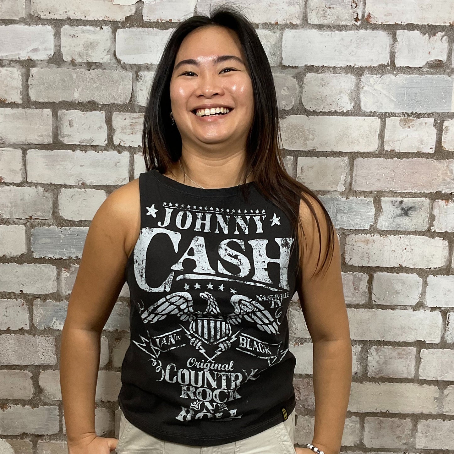 Johnny Cash Rock’N’Roll Country Legend graphic print, 100% cotton fabric, black on grey, Unwantee made from upcycled and deconstructed graphic tshirt, punk rock style street wear, athleisure wear, unwantees is a sustainable fashion brand, we take unwanted graphic tshirts otherwise destined for landfill and recycle clothing into vest tops for sports wear or leisure.  Refashioned band merch, Slash Neck Sleeveless Top