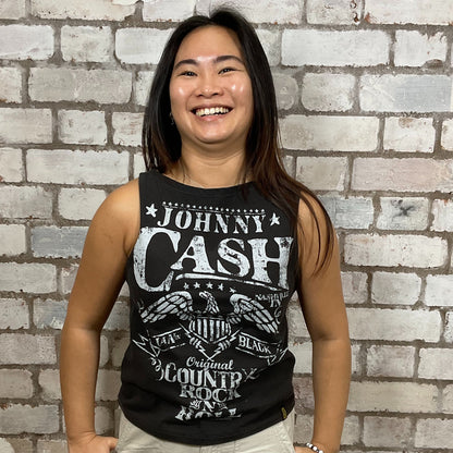 Johnny Cash Rock’N’Roll Country Legend graphic print, 100% cotton fabric, black on grey, Unwantee made from upcycled and deconstructed graphic tshirt, punk rock style street wear, athleisure wear, unwantees is a sustainable fashion brand, we take unwanted graphic tshirts otherwise destined for landfill and recycle clothing into vest tops for sports wear or leisure.  Refashioned band merch, Slash Neck Sleeveless Top